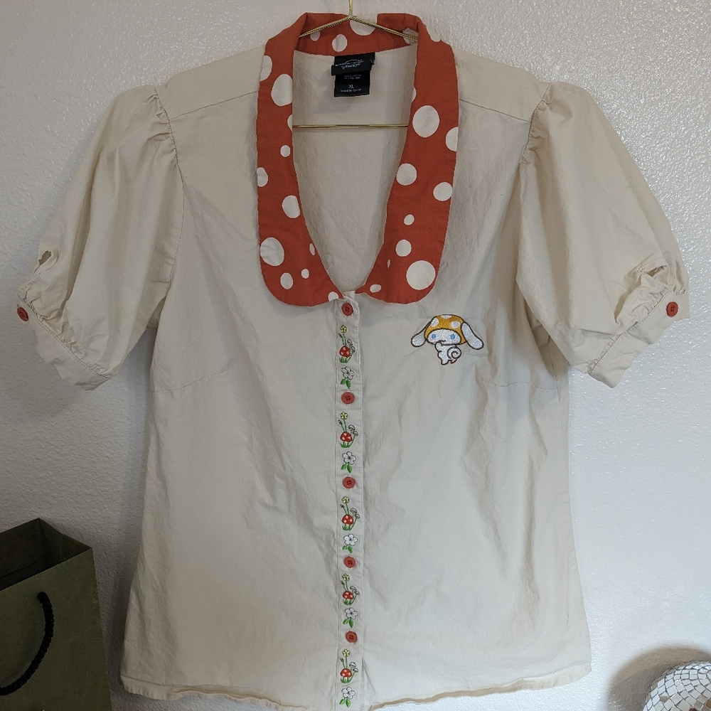Cinnamoroll Mushroom Woven Button-Up Top Sanrio Puff Sleeve xl - Picture 4 of 6